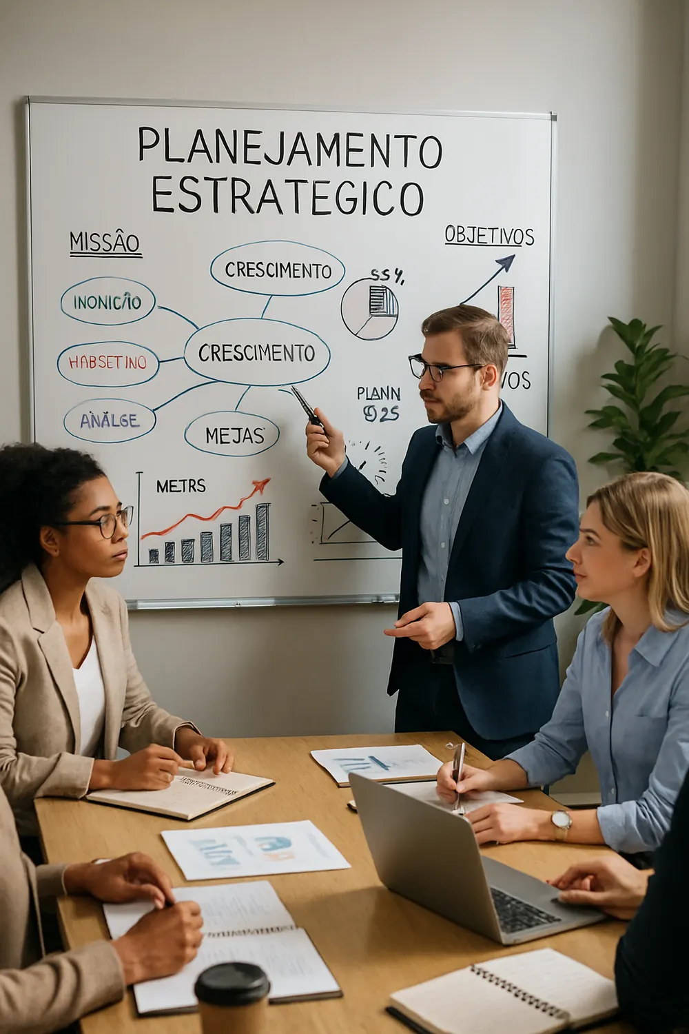 Equipe reunida analisando planejamento estratégico em um quadro branco